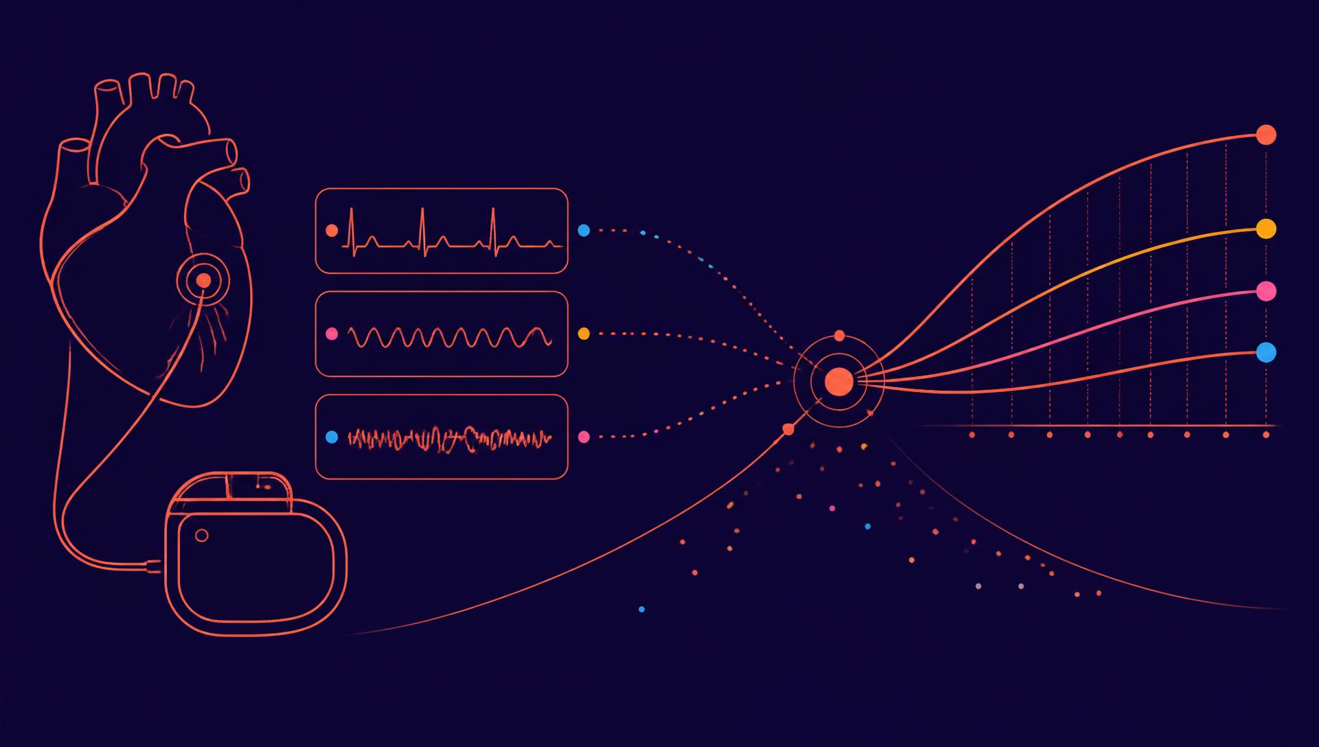 Abstract illustration of scattered coral data points connected across a globe grid with clinical assessment cards