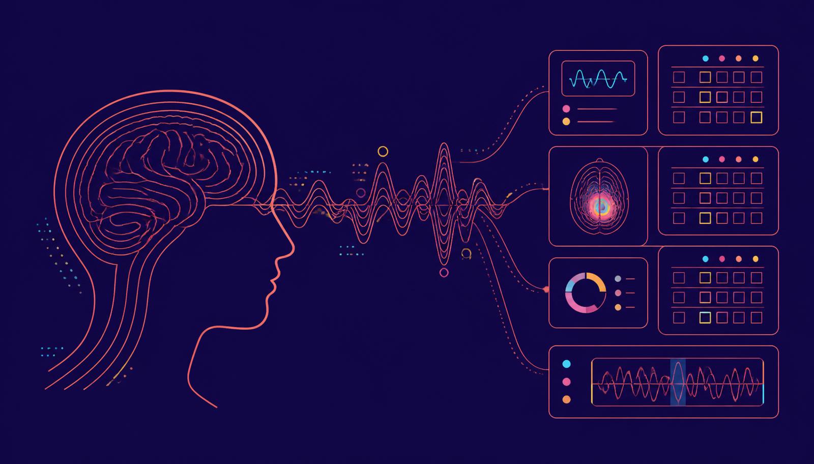 Line-art illustration of a head profile with a brain-wave signal feeding into clinical rating scale data cards