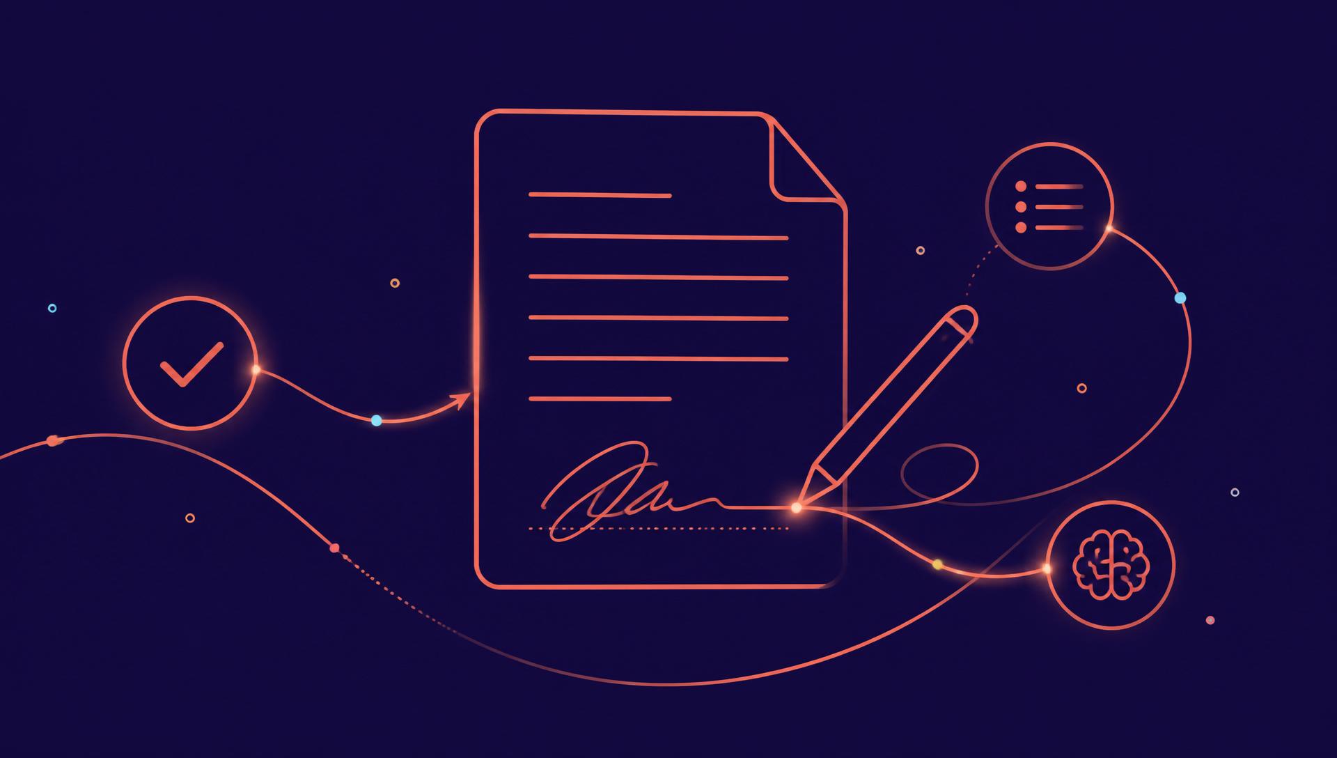 Abstract illustration of a digital consent document with a coral checkmark and a brain-wave line passing through it