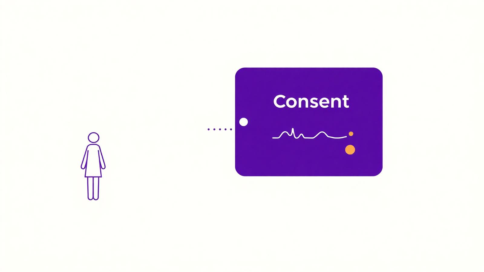 Line-art illustration of a caregiver beside a tablet showing a digital consent form with a signature line