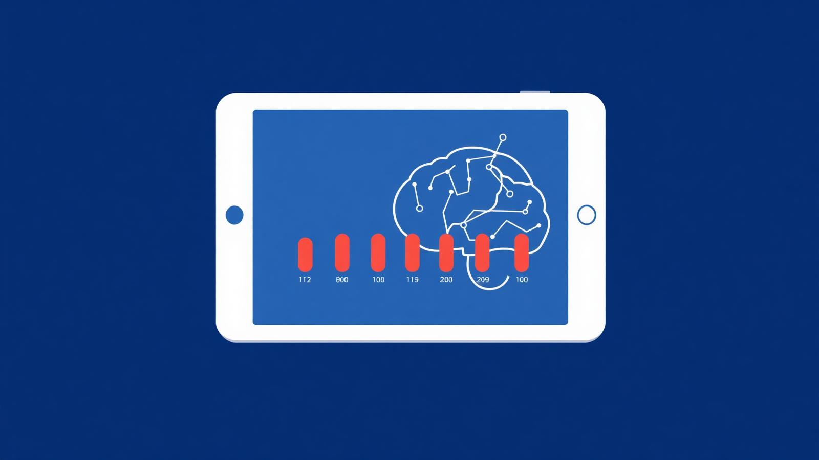 Line-art illustration of a tablet displaying a cognitive assessment scale connected to clinical data nodes