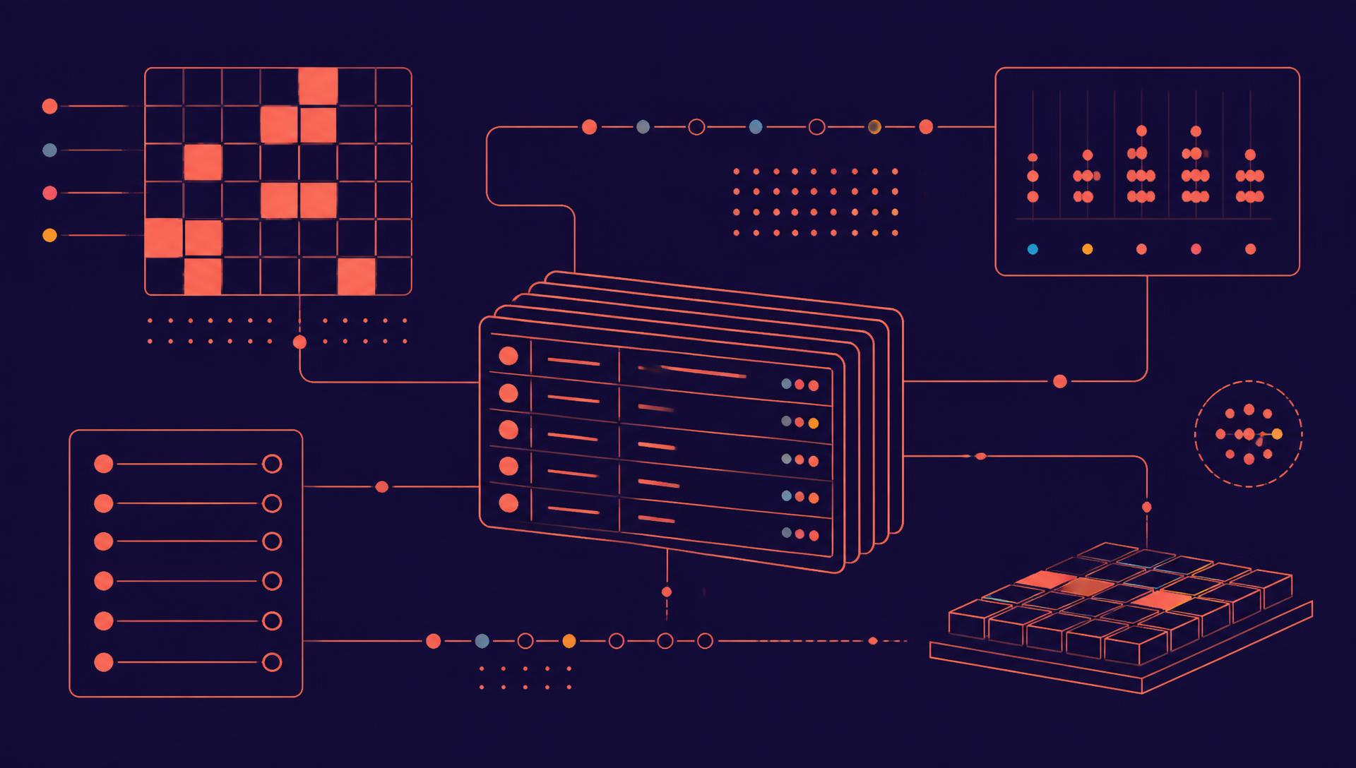 Abstract illustration of a sparse data grid with a few coral filled cells beside a stack of clinical data forms