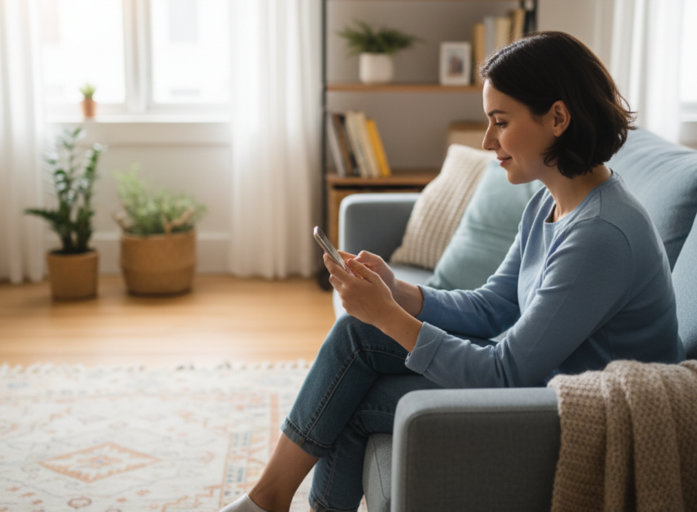 Patient using mobile device for clinical trial in home setting