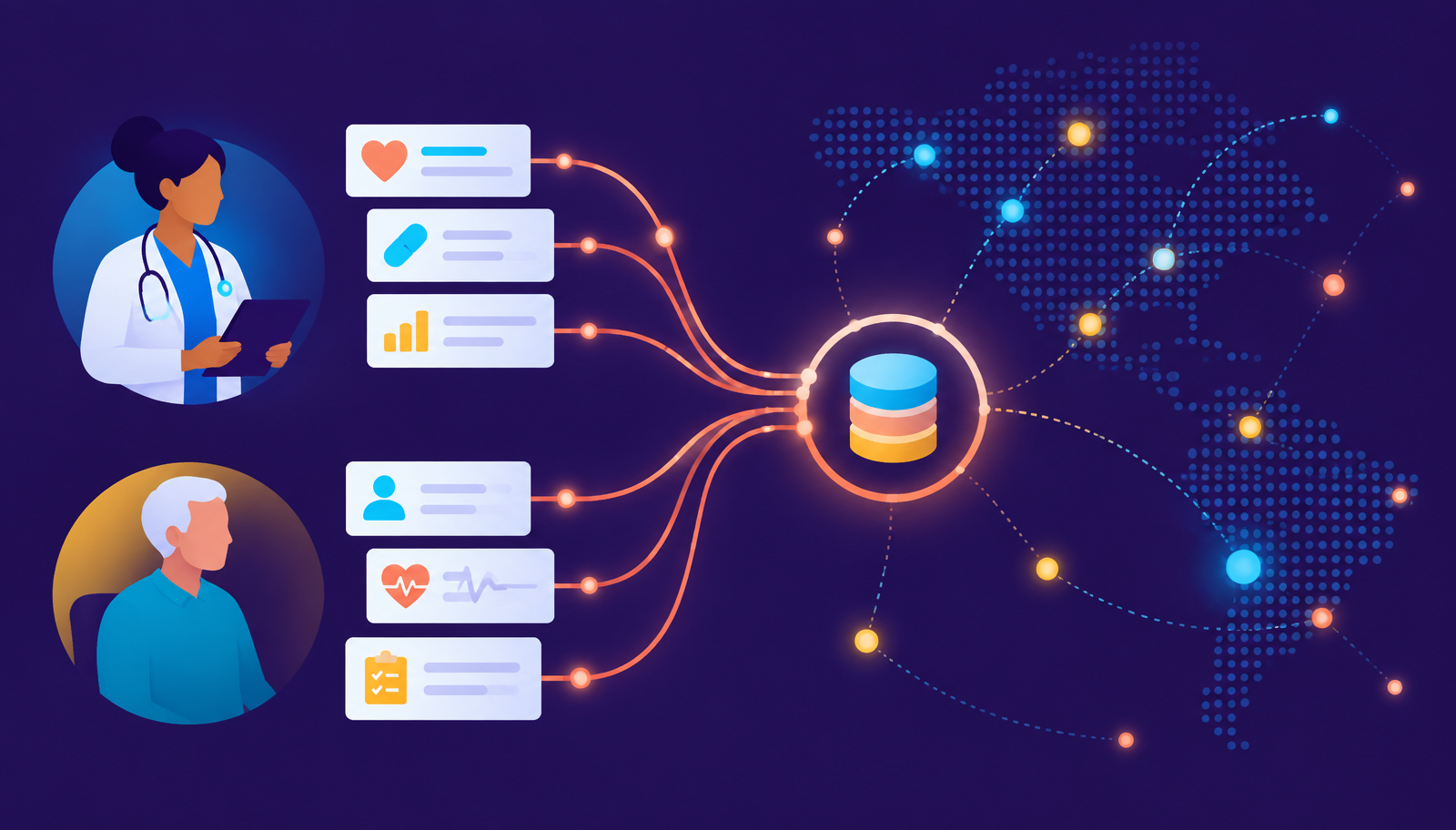 Branded graphic of caregiver and patient assessments flowing into one connected data model across a dispersed network