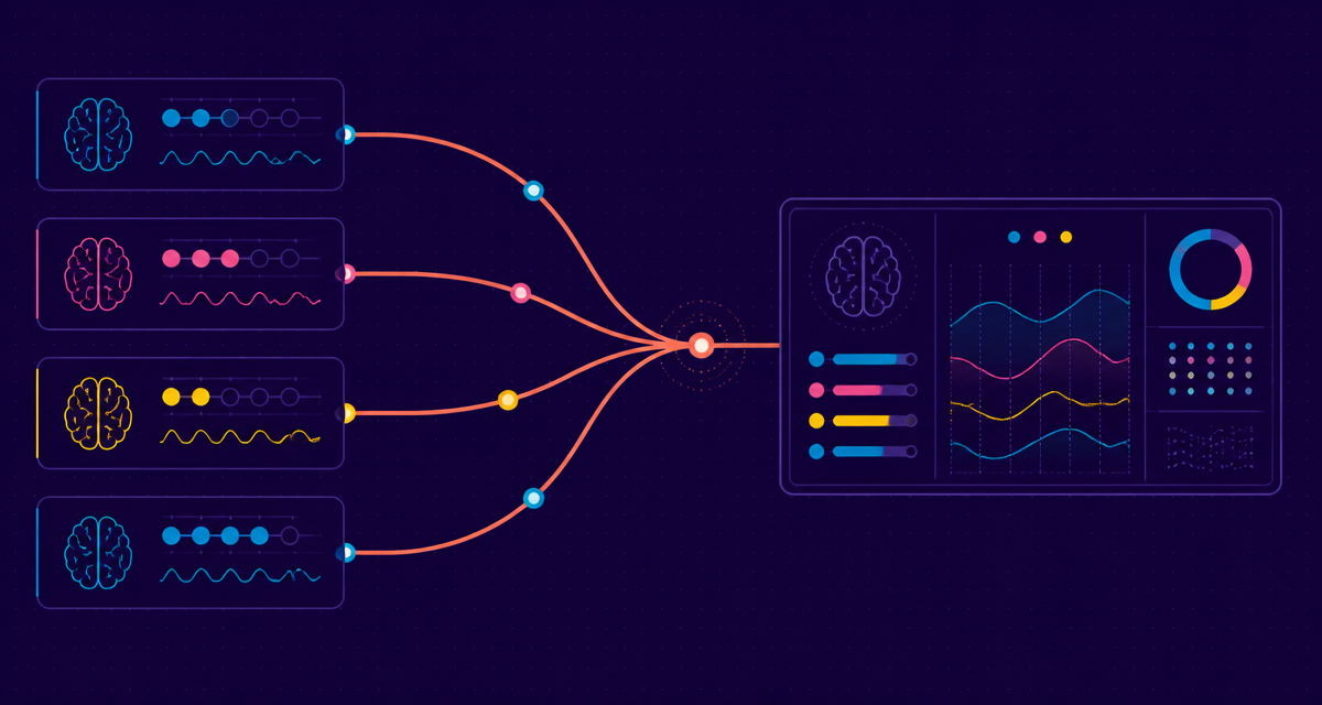 Branded graphic of cognitive rating scales converging into a single structured clinical data panel