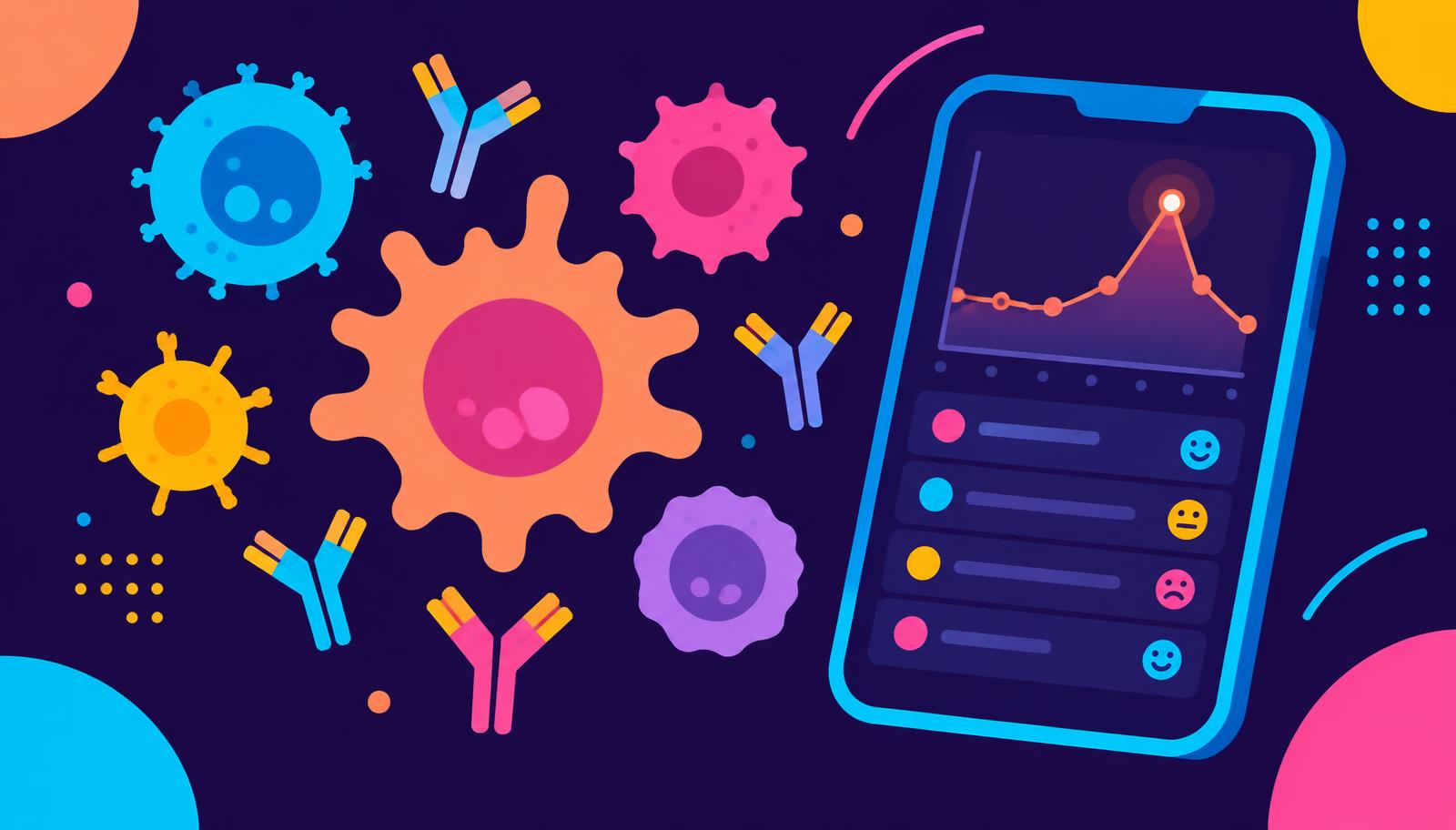 Branded graphic of immune cells beside a mobile diary with a flare line chart