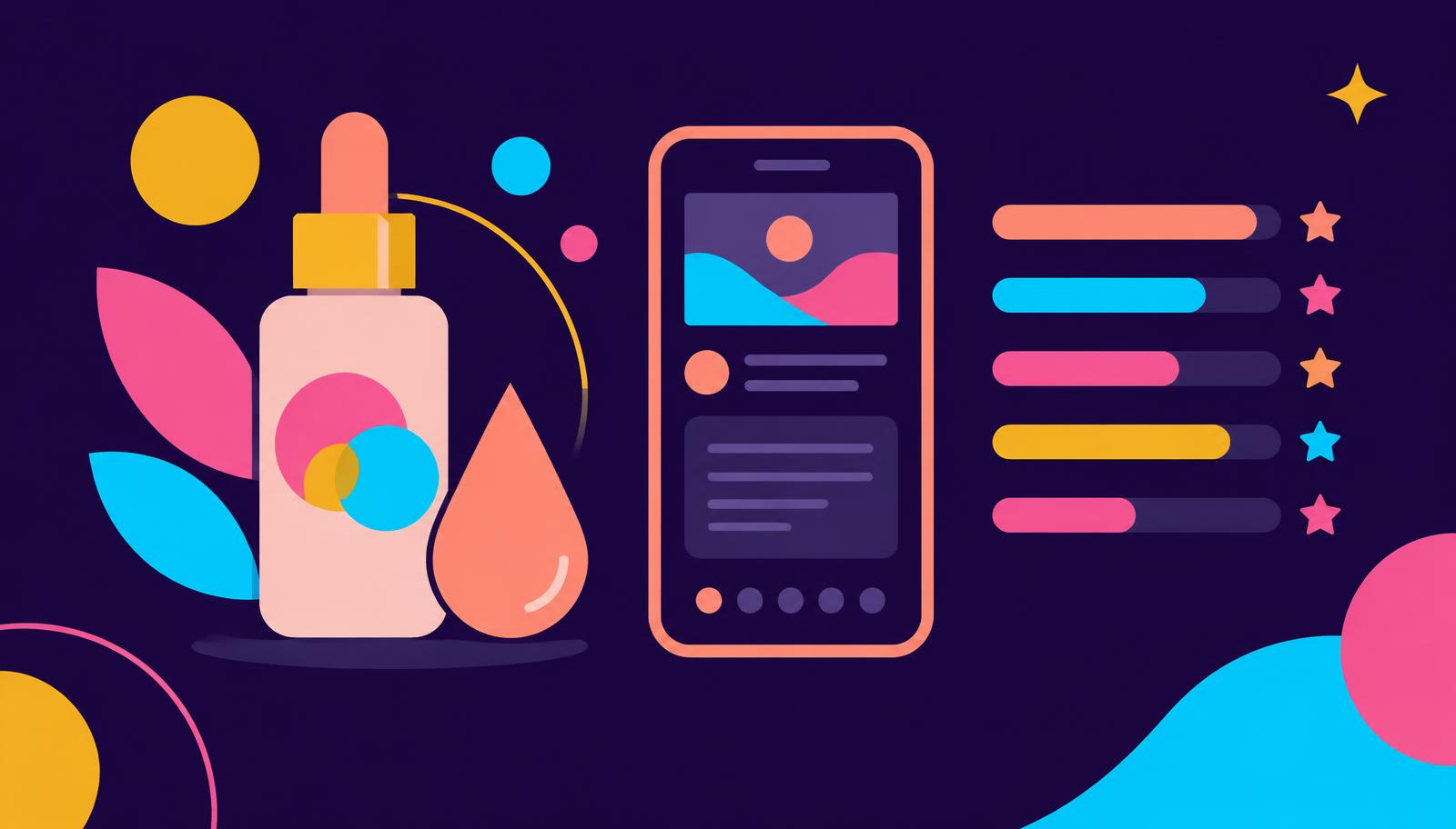 Branded graphic of a skincare bottle beside a mobile diary and rating scale bars