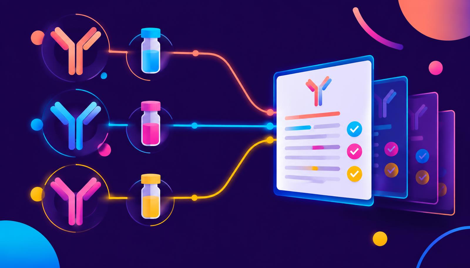 Branded graphic of antibody shapes and sample vials connected to layered consent document panels