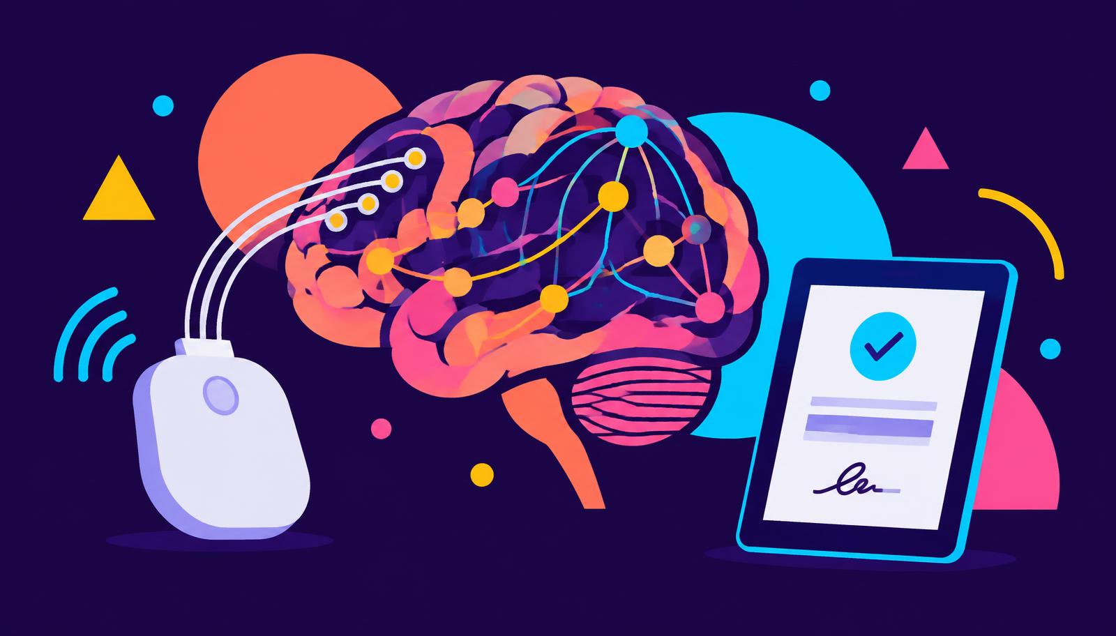 Branded graphic of a brain with neural lines beside a signed consent document