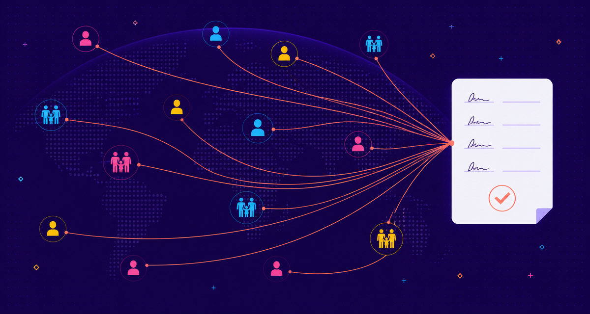 Branded graphic of dispersed patient and family nodes converging on a single signed digital consent document