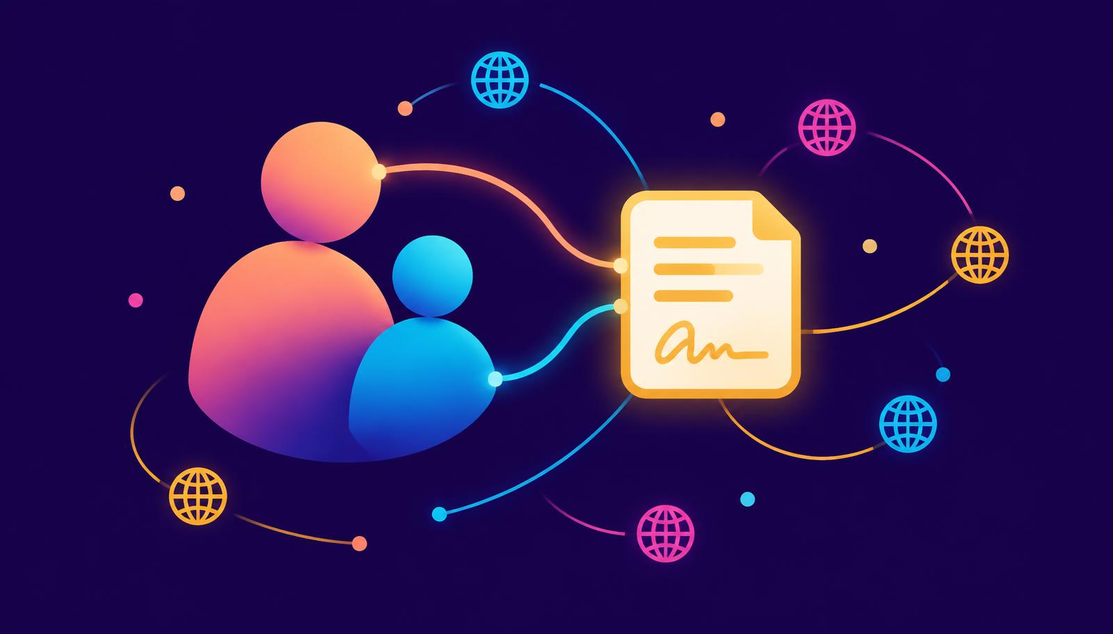 Branded graphic of a caregiver and child connected to a signed consent document across a global network