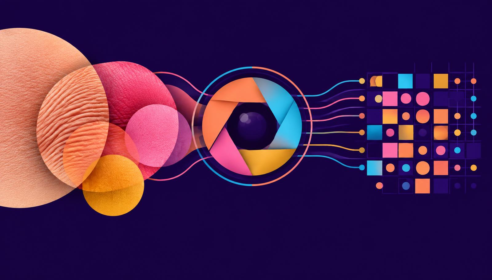 Branded graphic of skin texture layers and a camera aperture flowing into a structured data grid