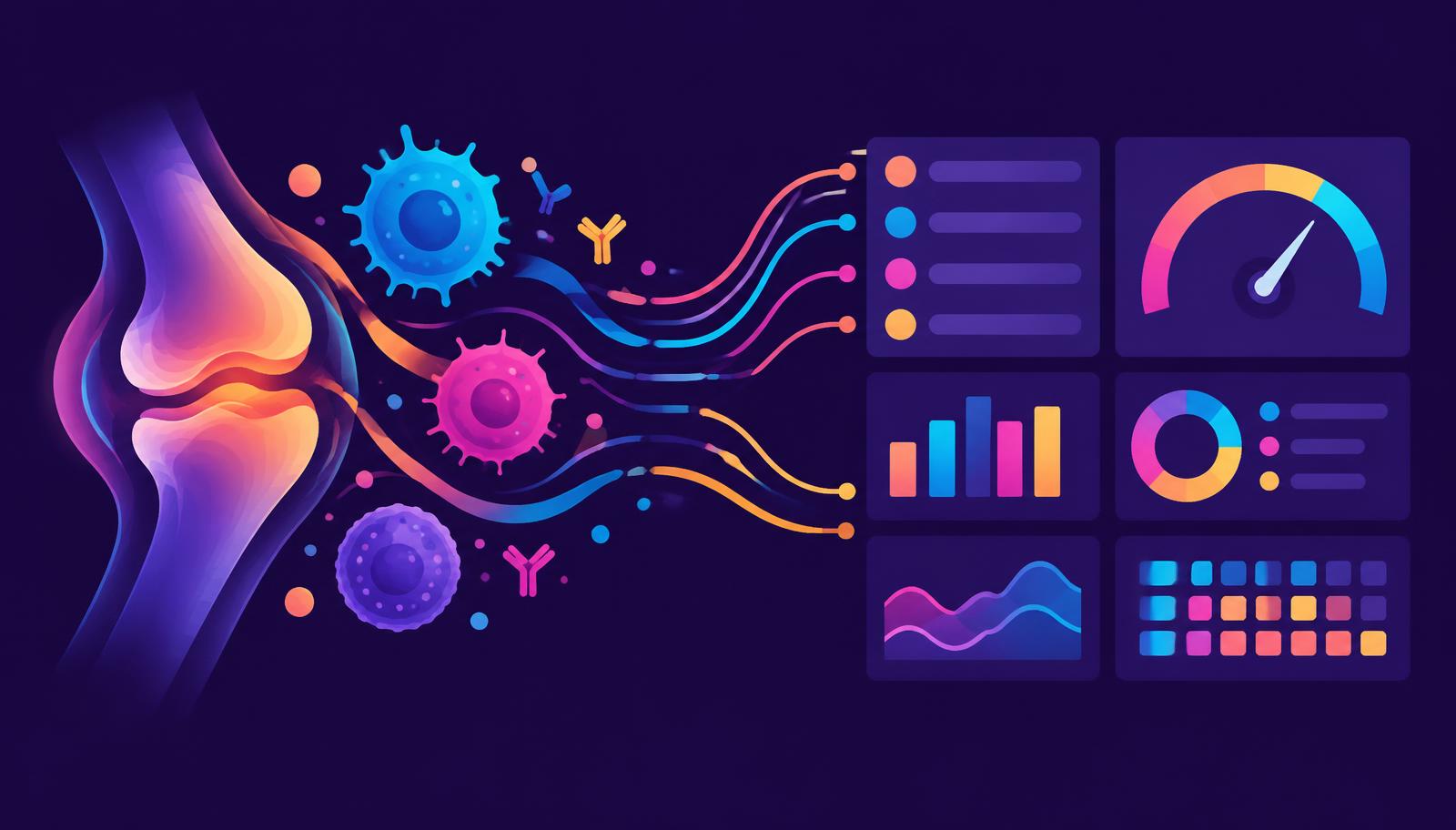 Branded graphic of immune cell shapes flowing into a structured data grid and score gauge