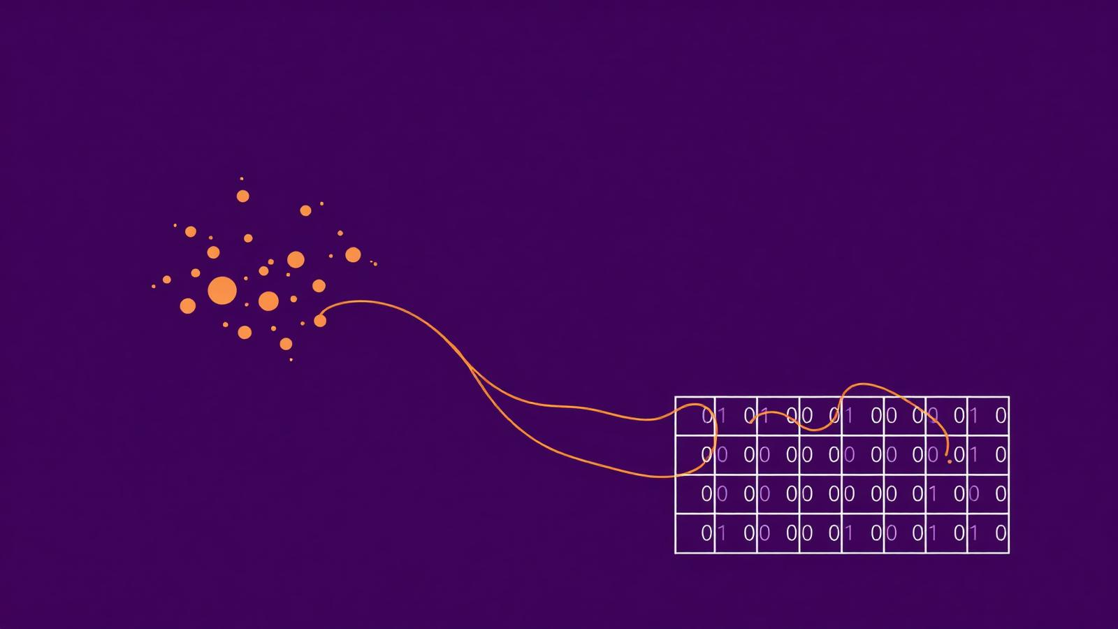Branded graphic of scattered data points flowing into a structured clinical data grid