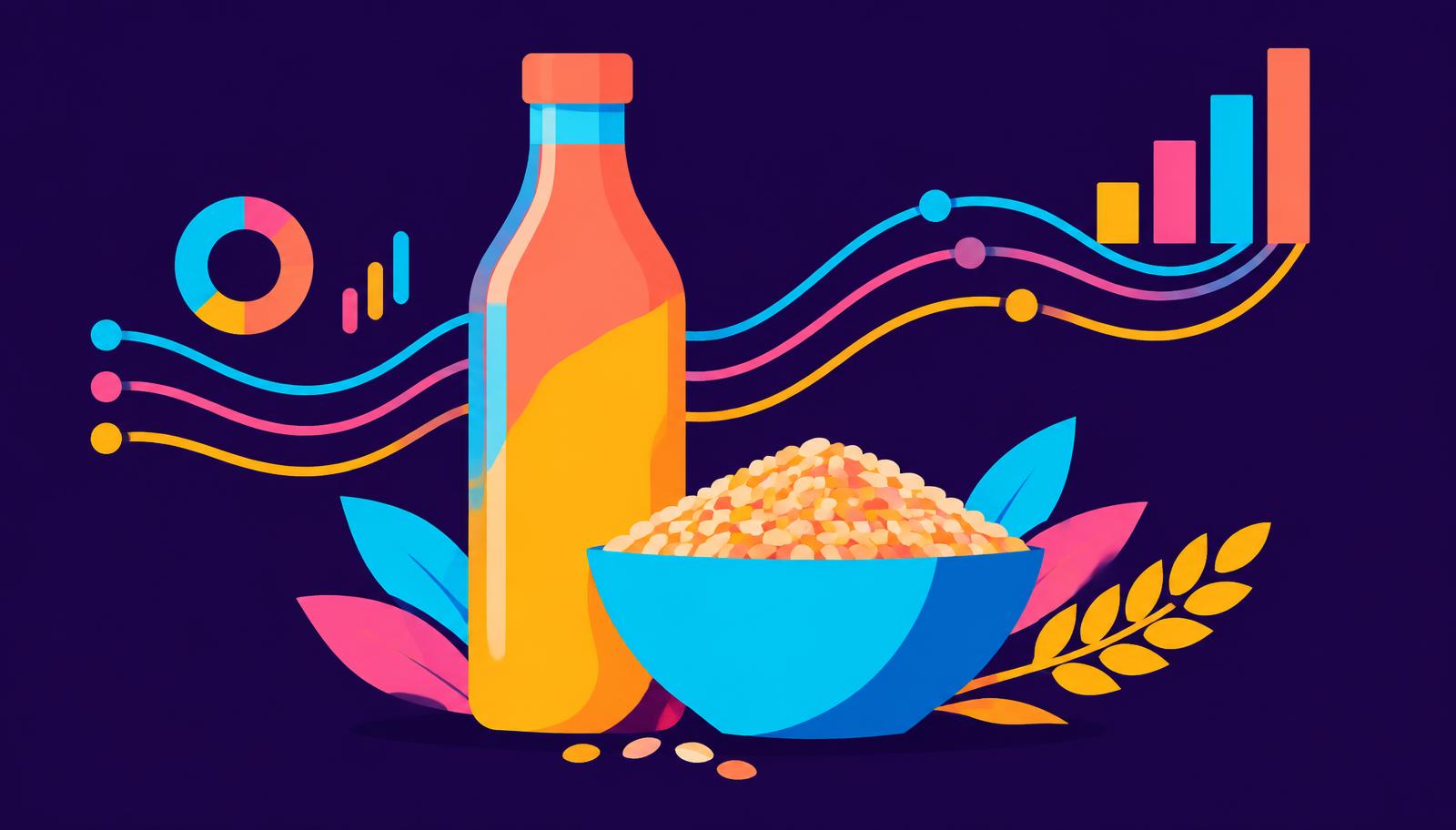 Branded graphic of a functional beverage bottle and grains with flowing data lines
