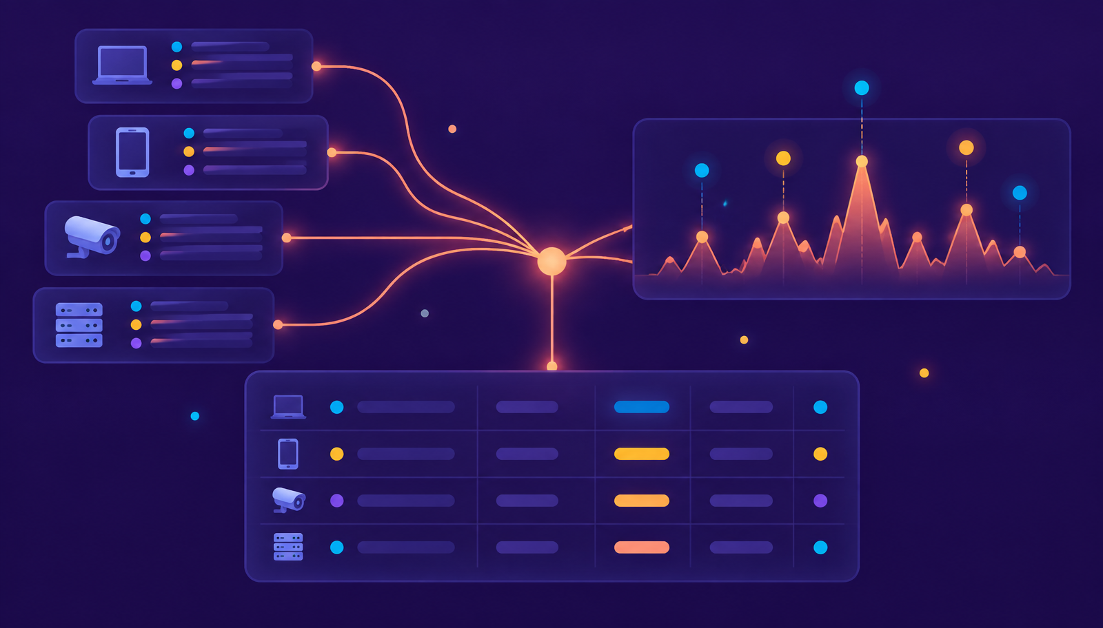 Branded graphic of device event log cards merging with a flare activity timeline into one structured data grid