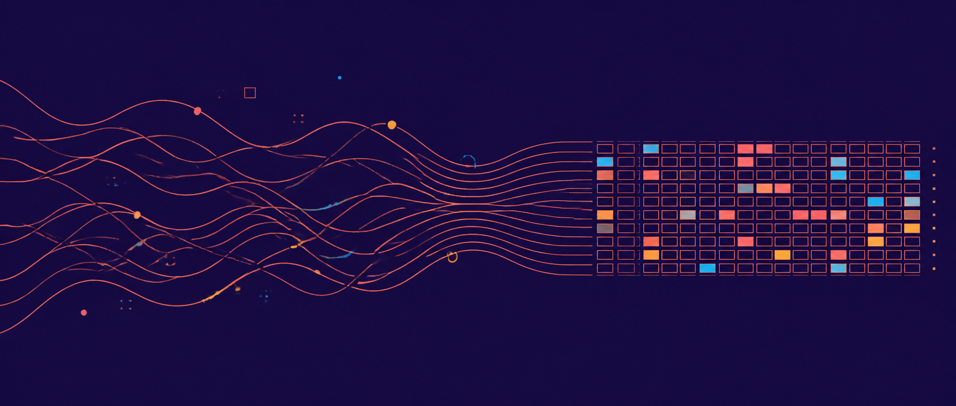 Branded graphic showing continuous device sensor waveforms resolving into a structured grid of clinical data cells